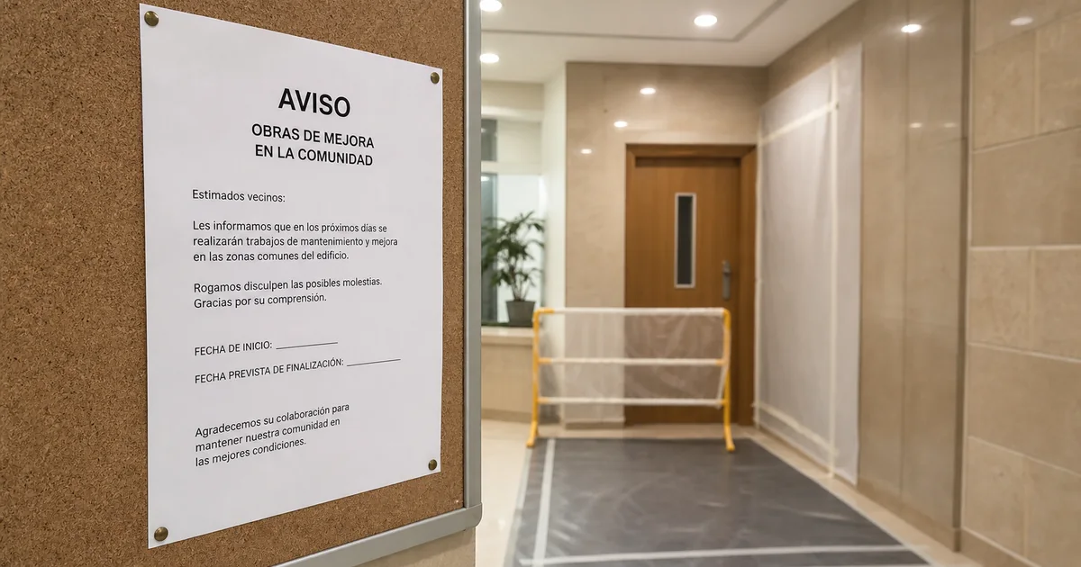 Aviso de obras visible en el portal de una comunidad de vecinos