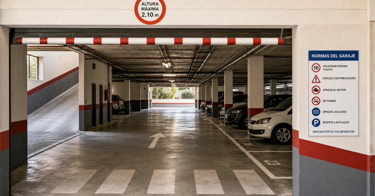 Normativa de garajes privados con se?alizaci?n de altura y acceso comunitario