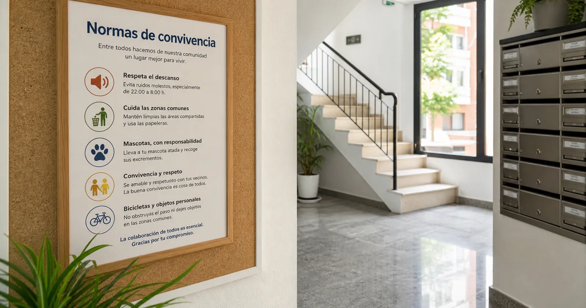 Normas de convivencia expuestas en el portal de una comunidad de vecinos